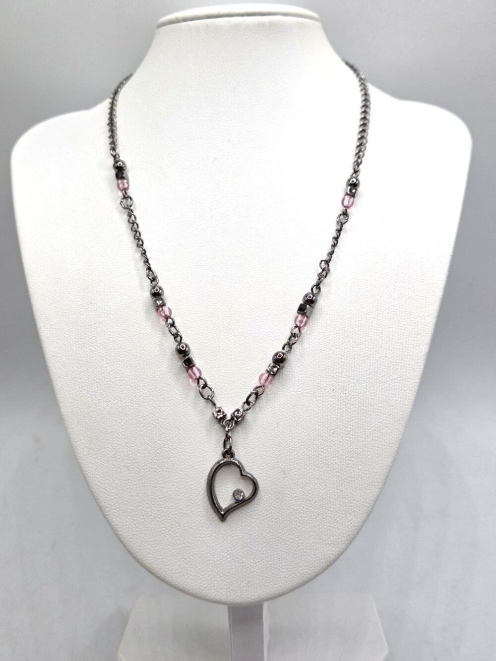 Heart Pendant Necklace With Pink Beads & Metal Chain